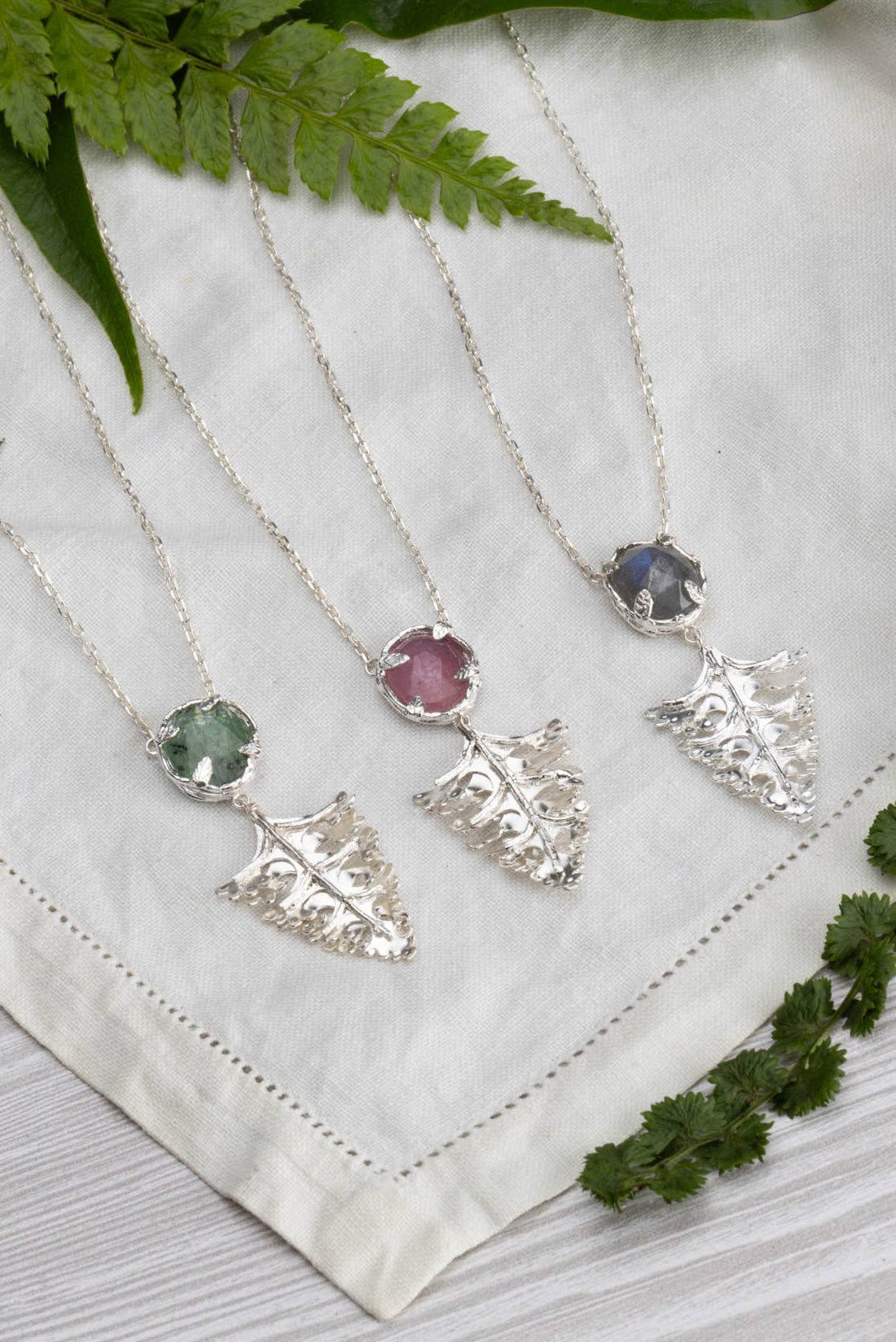 Silver Botanical Nest Necklace With Arts And Crafts Leaf Drop Labradorite