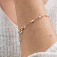 9ct Yellow Gold Dainty Aquamarine and Pearl Bracelet