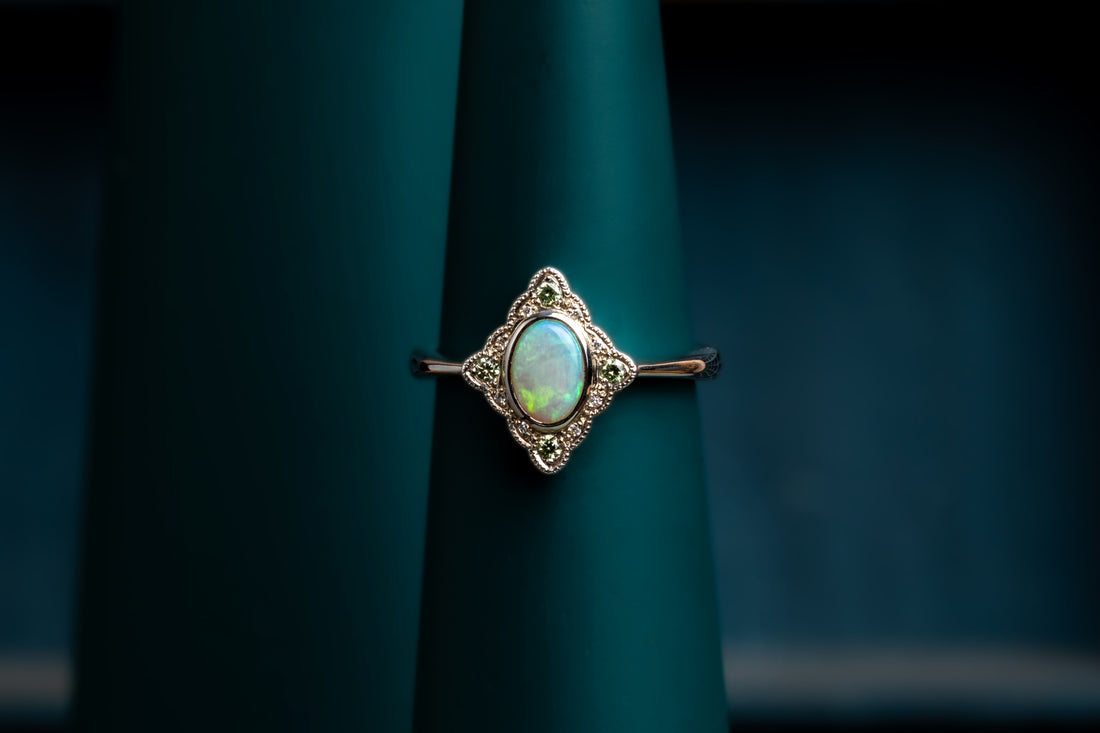 Opal and baby green diamond ring