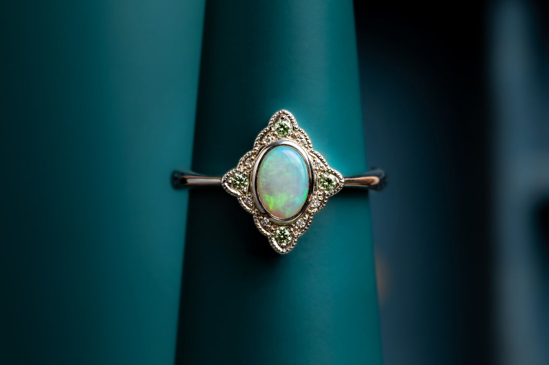 Opal and baby green diamond ring