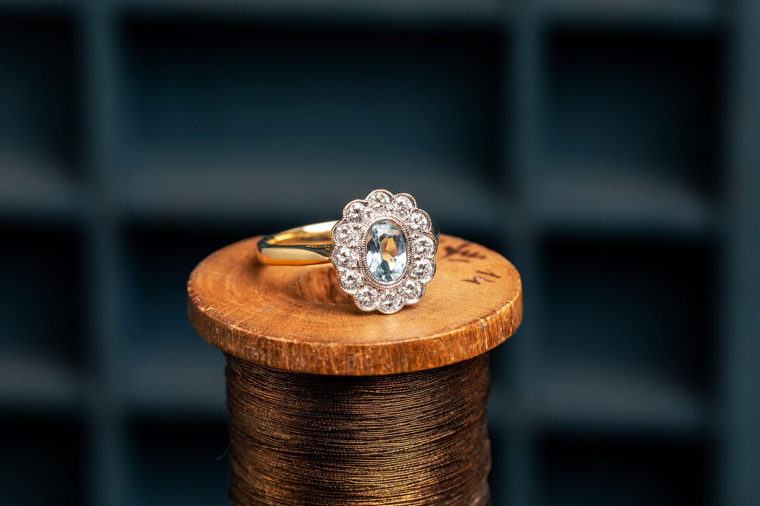 18ct Gold Aquamarine and Diamond Cluster Ring