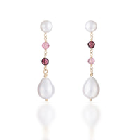 Lueur no 24-9ct Pink Tourmaline, Garnet and Pearl Drop Earrings