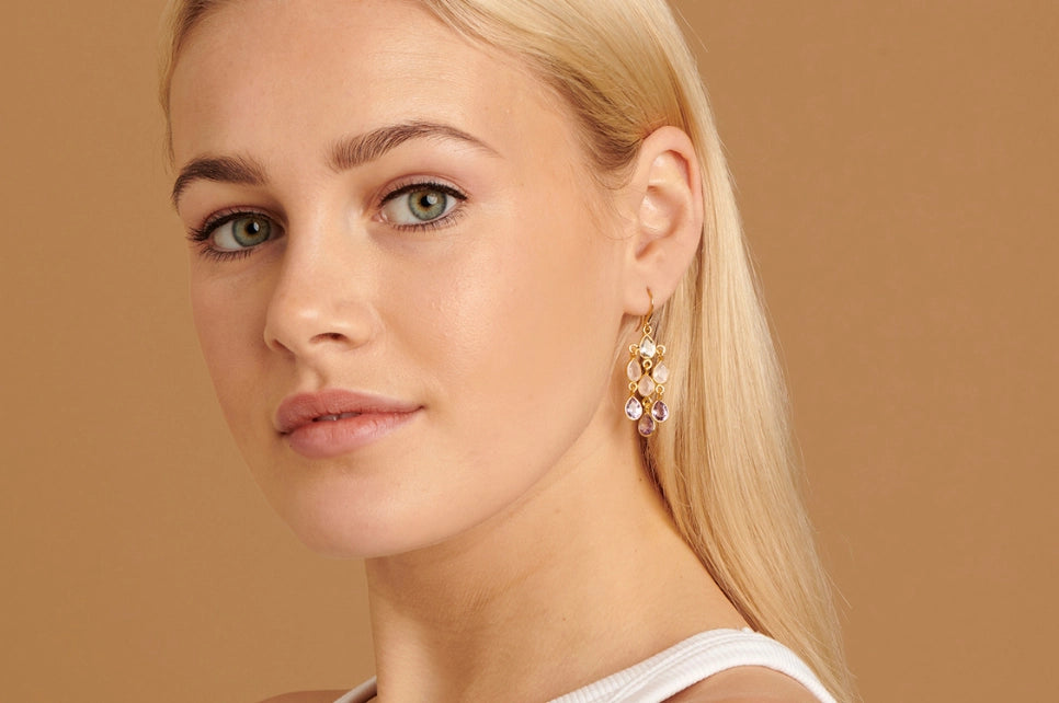 Cascade Green Amethyst, Amethyst & Rose Quartz Earrings