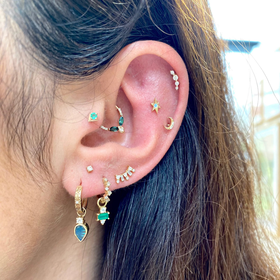 9ct Yellow Gold Green Tourmaline and Diamond Daith Hoop Earring