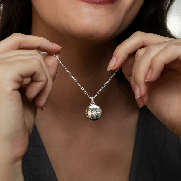 Silver Diamond Starburst Round Locket Necklace