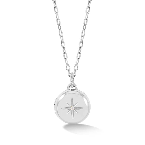 Silver Diamond Starburst Round Locket Necklace