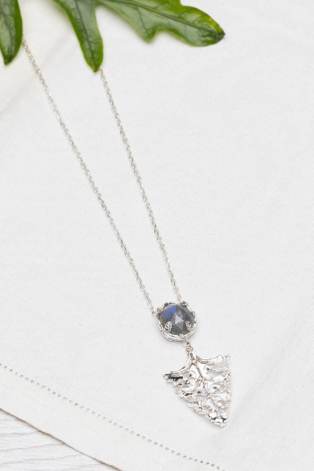 Silver Botanical Nest Necklace With Arts And Crafts Leaf Drop Labradorite