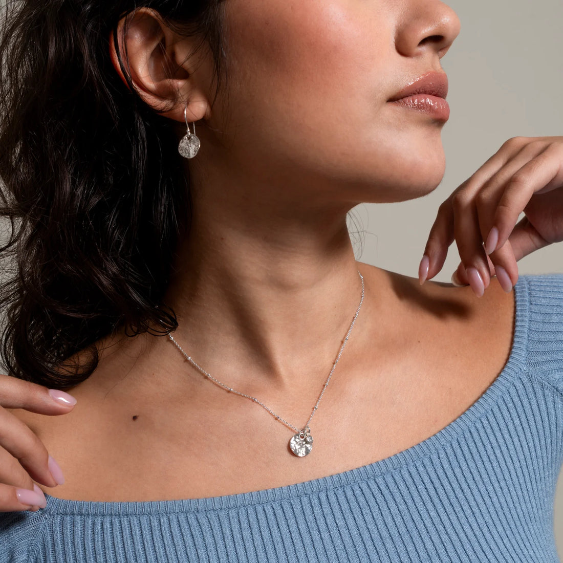 Silver Hammered Disc with White Topaz Necklace