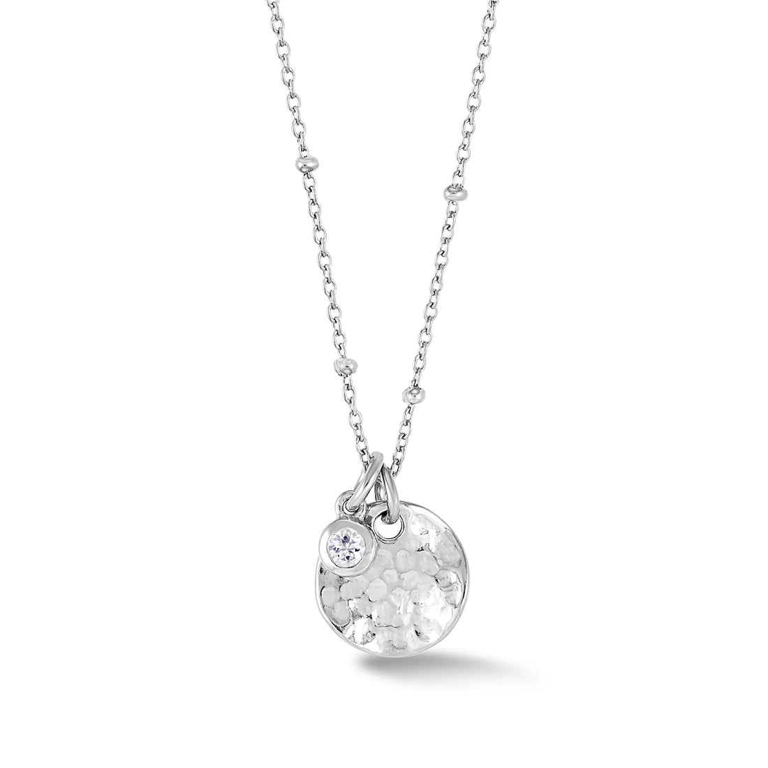 Silver Hammered Disc with White Topaz Necklace