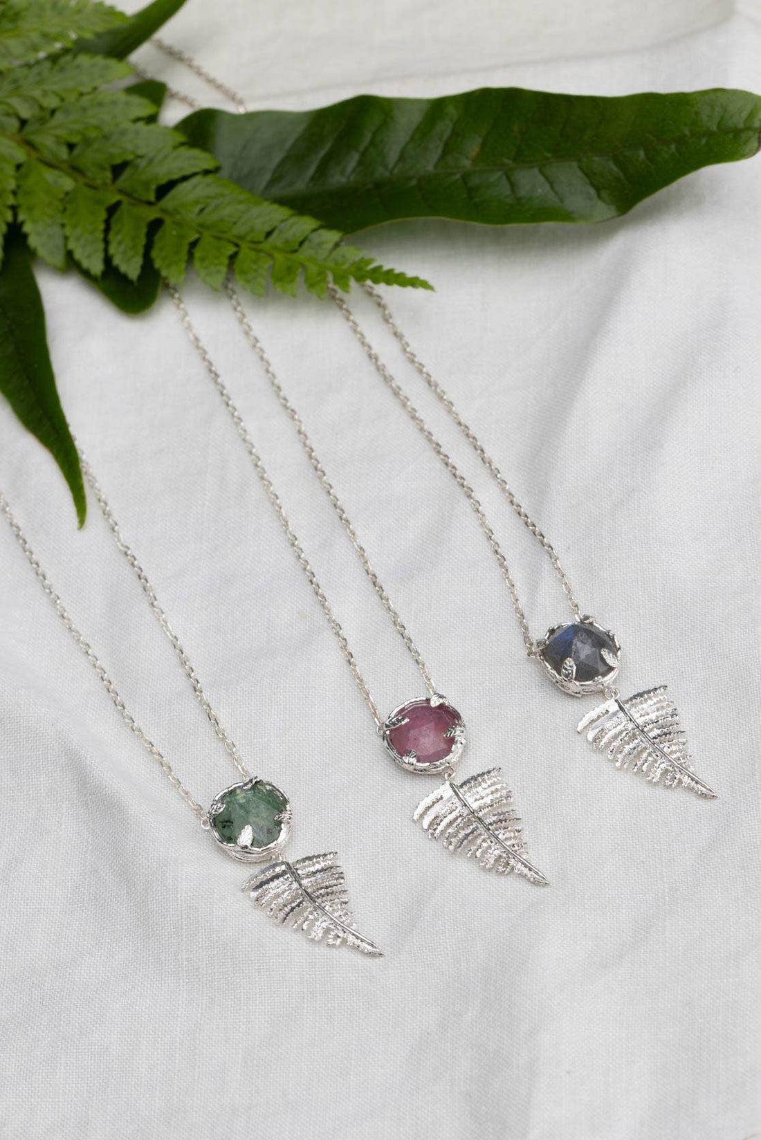 Silver Botanical Nest Necklace With Fern Drop and Kyanite