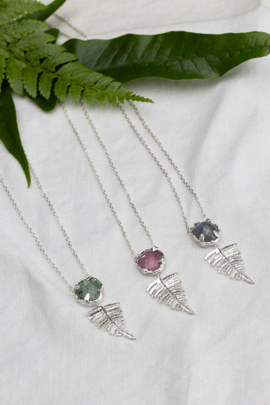 Silver Botanical Nest Necklace With Fern Drop and Kyanite
