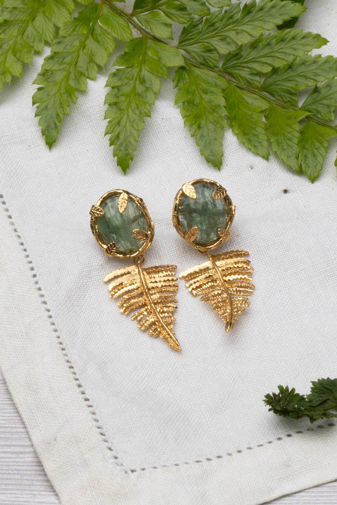 Gold Vermeil Botanical Nest Earrings With Fern And Kyanite