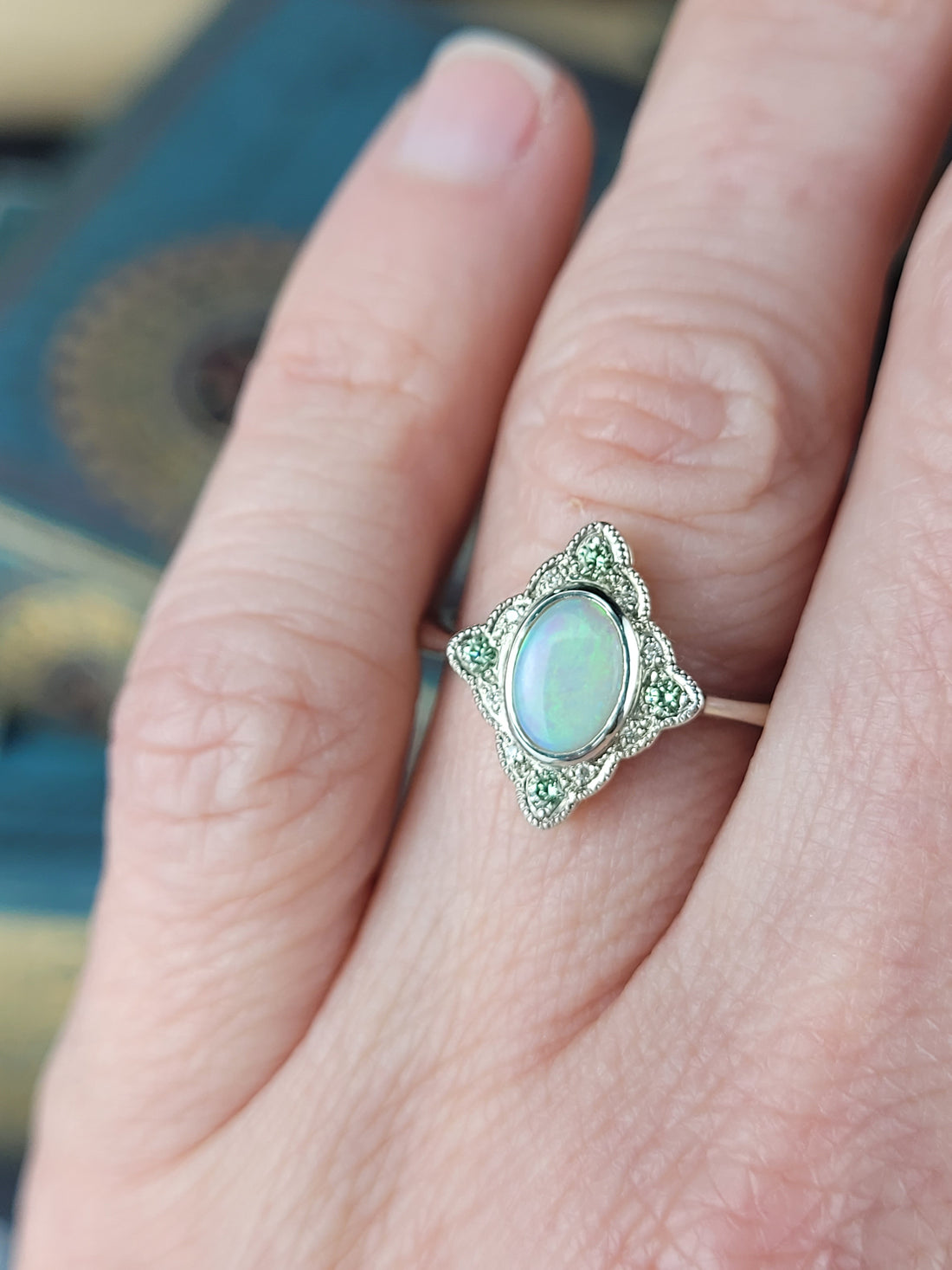 Opal and baby green diamond ring