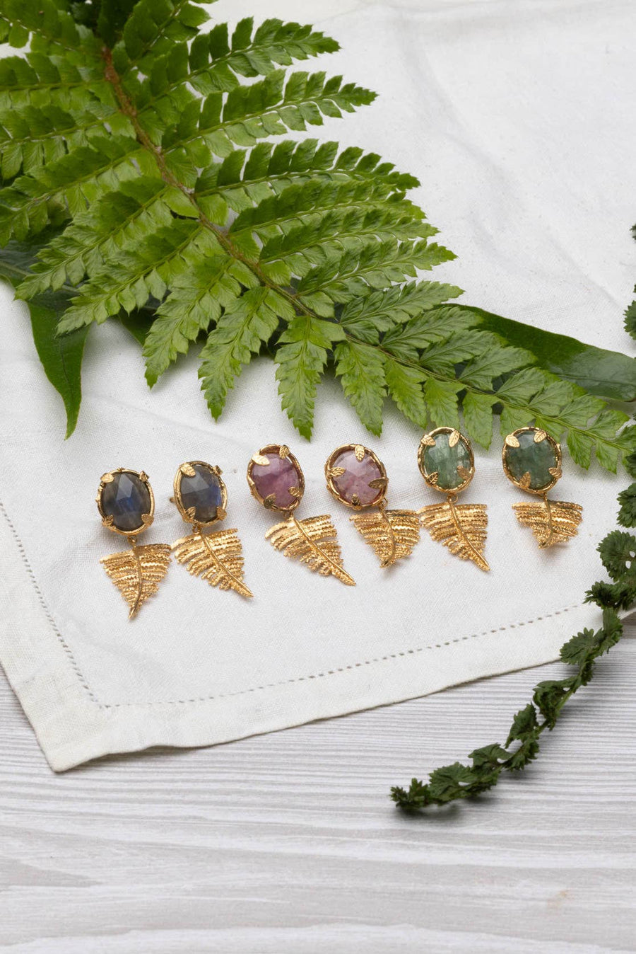 Gold Vermeil Botanical Nest Earrings With Fern And Kyanite