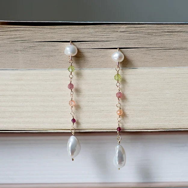 Gemstone and Keshi Pearl Long Drop Earrings