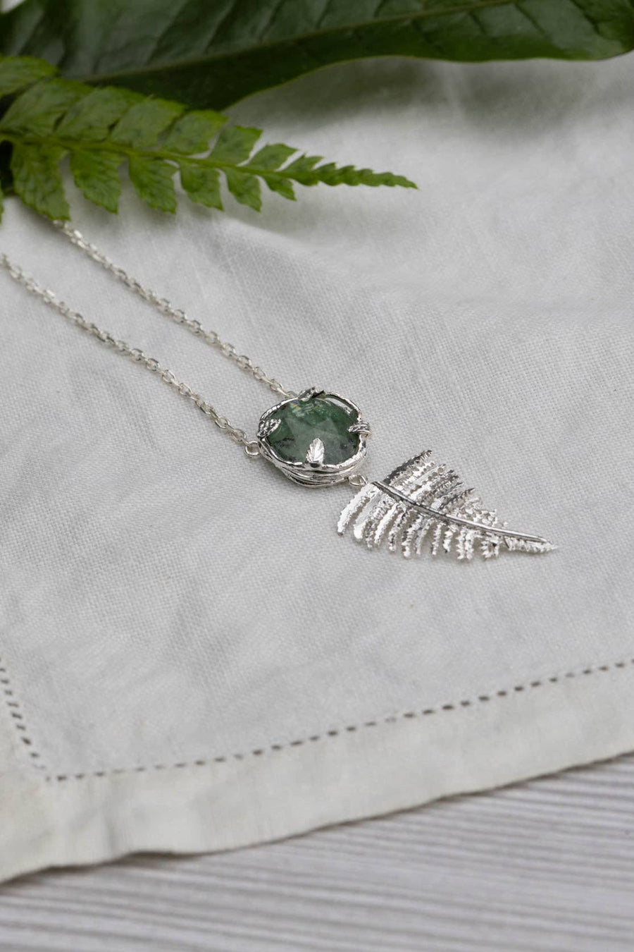 Silver Botanical Nest Necklace With Fern Drop and Kyanite