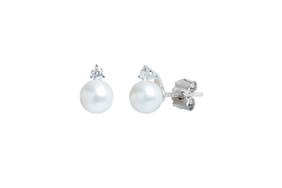 6-6.5mm cultured river pearl and diamond 18ct white gold stud earrings