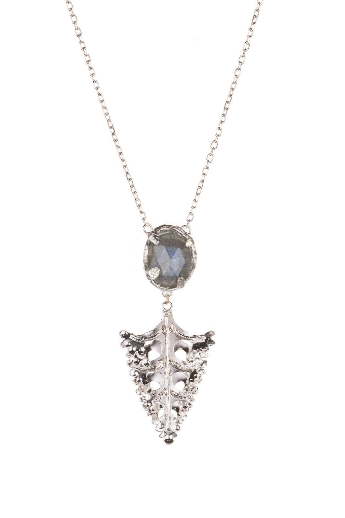Silver Botanical Nest Necklace With Arts And Crafts Leaf Drop Labradorite