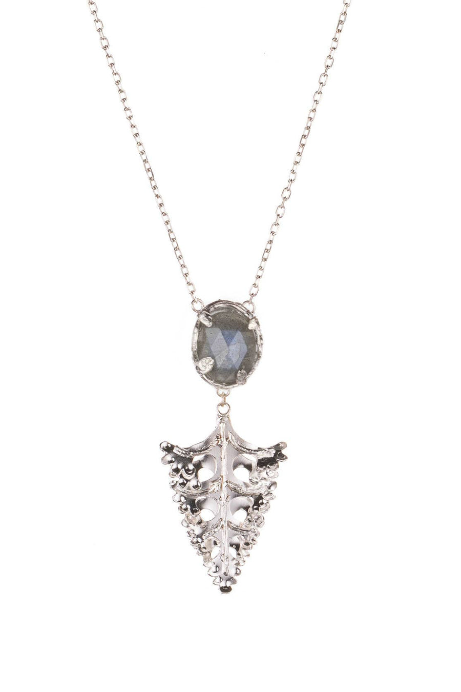 Silver Botanical Nest Necklace With Arts And Crafts Leaf Drop Labradorite