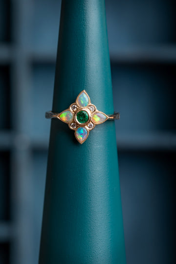 Opal, Emerald  and Diamond ring