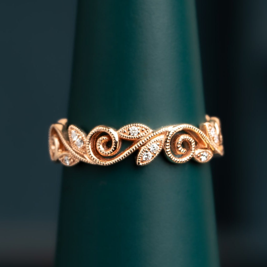 18ct Rose Gold Filligree and Diamond Ring