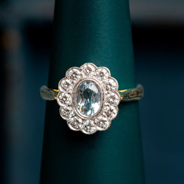 18ct Gold Aquamarine and Diamond Cluster Ring