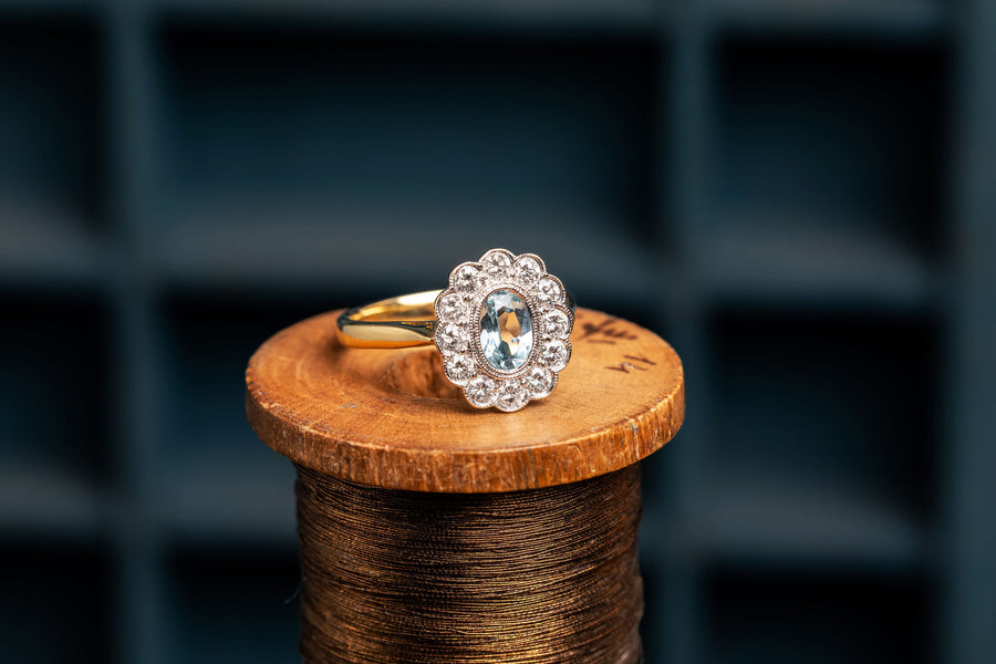 18ct Gold Aquamarine and Diamond Cluster Ring
