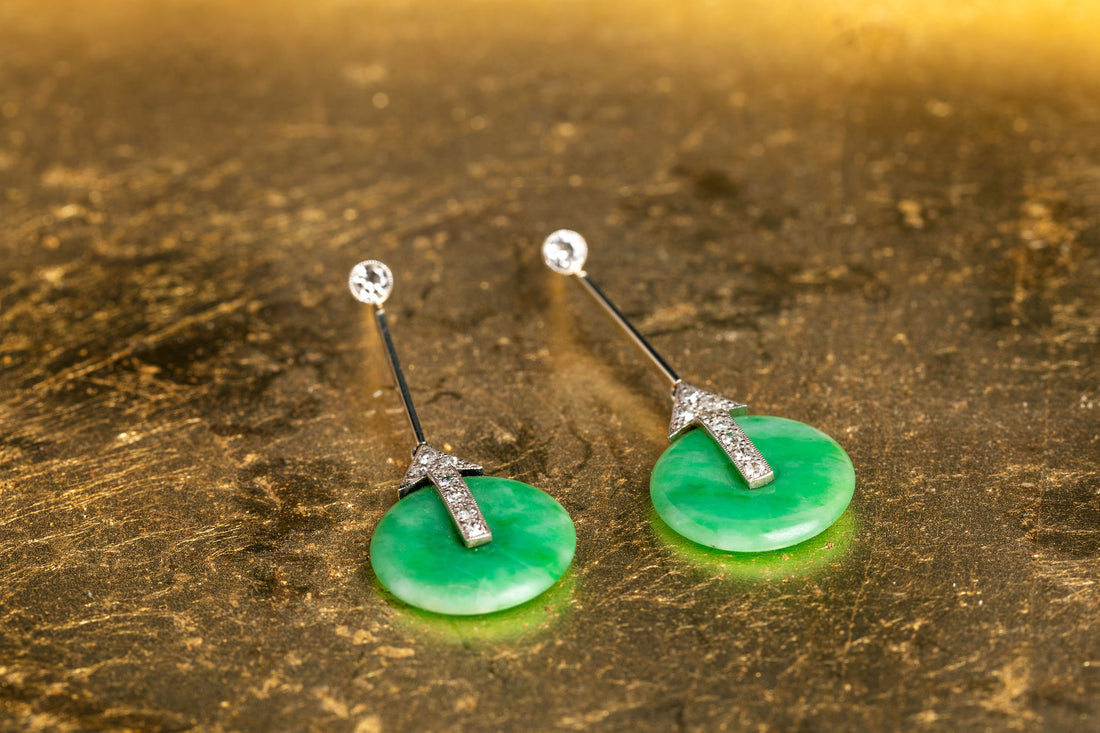 Platinum and jade and diamond drop earrings