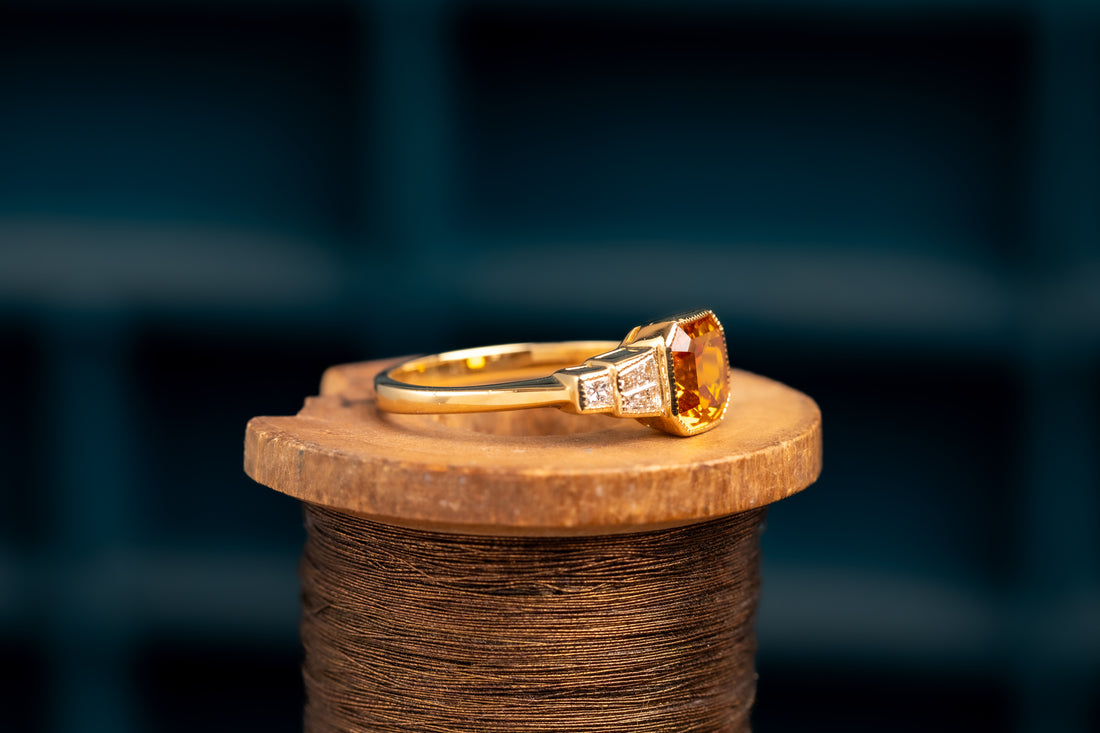 18ct Yellow/Orange Sapphire and Diamond Art Deco Style Ring