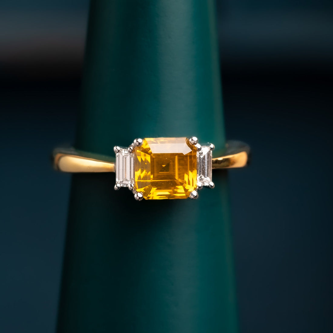 yellow zircon ring with baguette diamonds