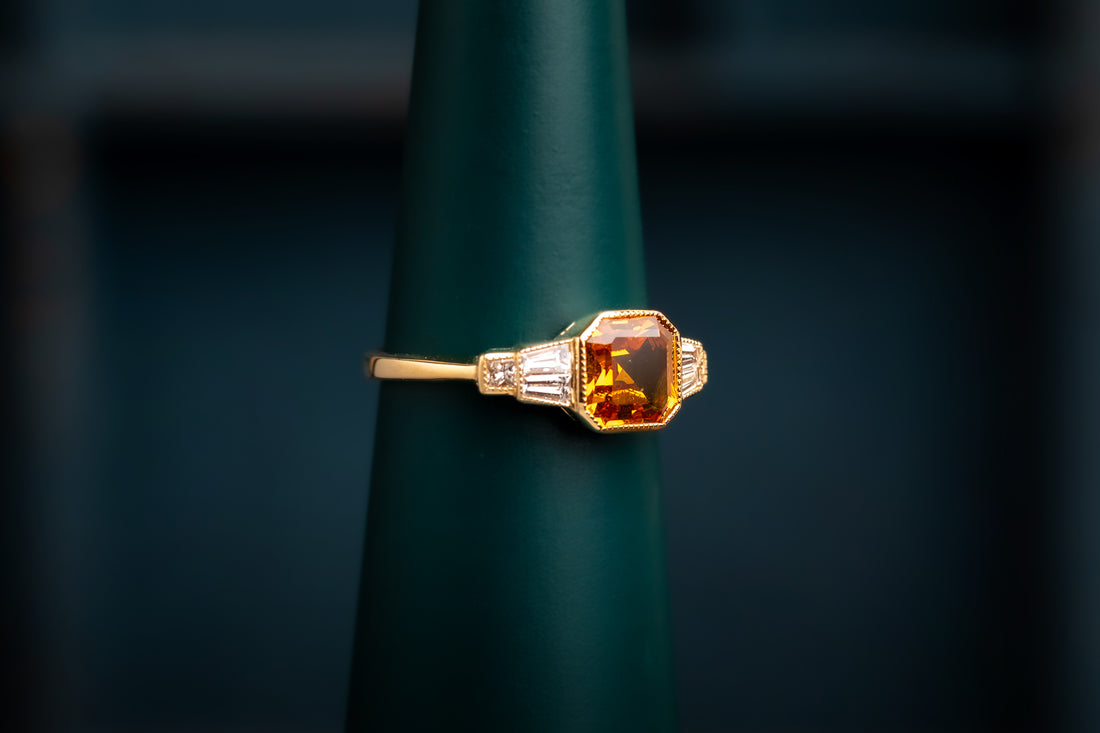 18ct Yellow/Orange Sapphire and Diamond Art Deco Style Ring