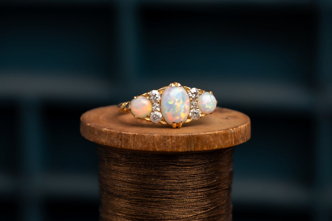 18ct Yellow Gold Three Stone Opal and Diamond Ring
