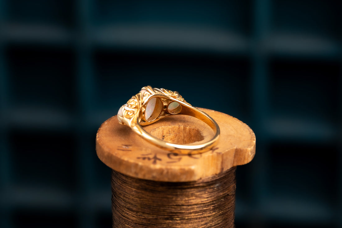 18ct Yellow Gold Three Stone Opal and Diamond Ring