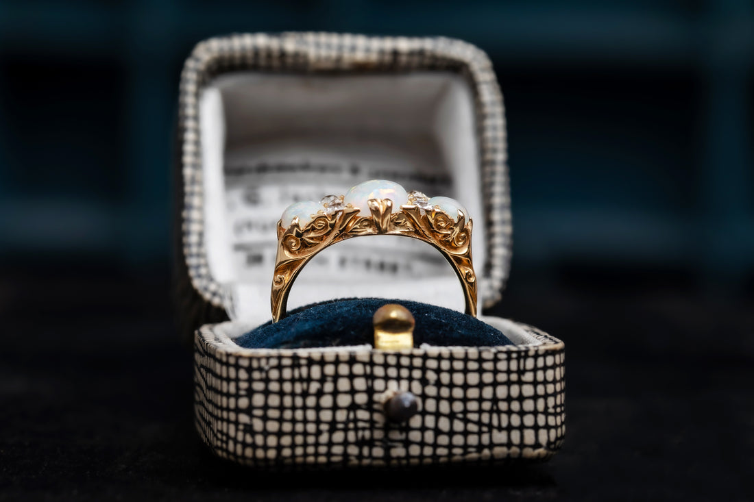 18ct Yellow Gold Three Stone Opal and Diamond Ring