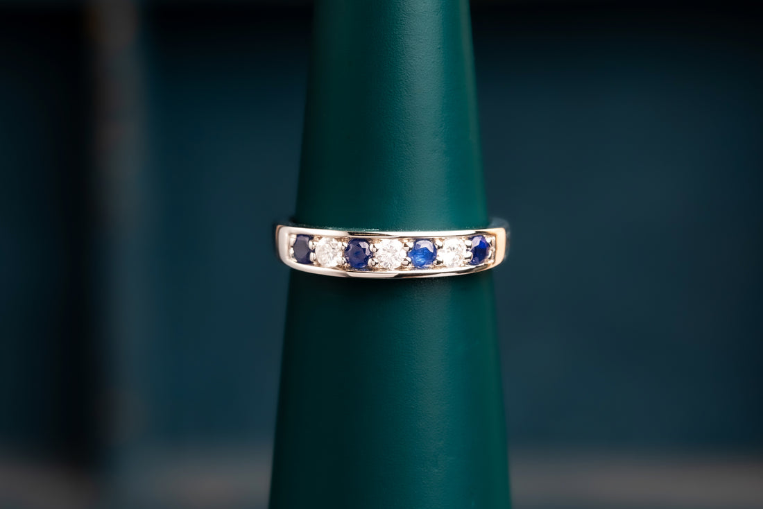 18ct White Gold Diamond and Sapphire Half Eternity Ring