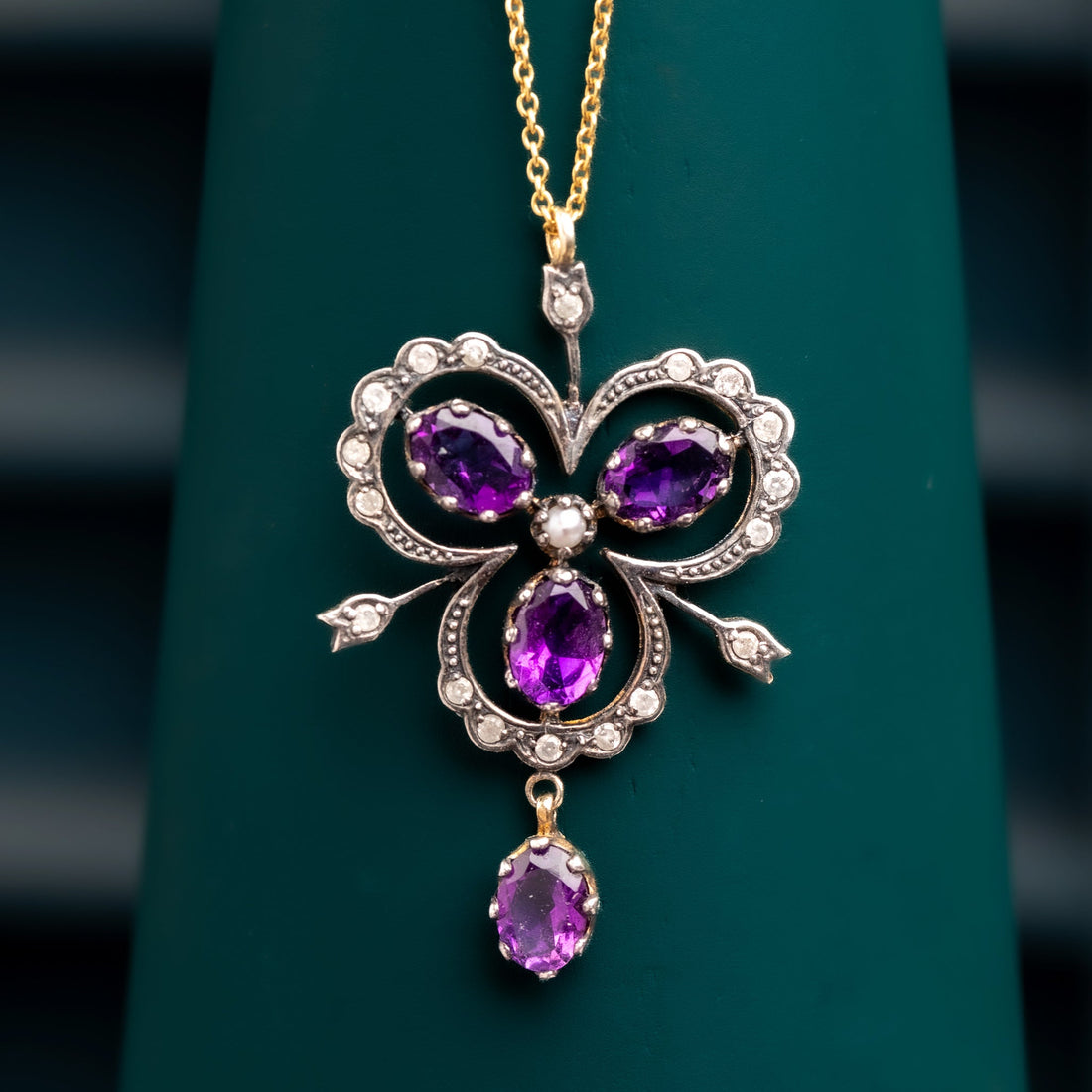 Silver Topped 9ct Yellow Gold Amethyst, Diamond and Pearl Pendant