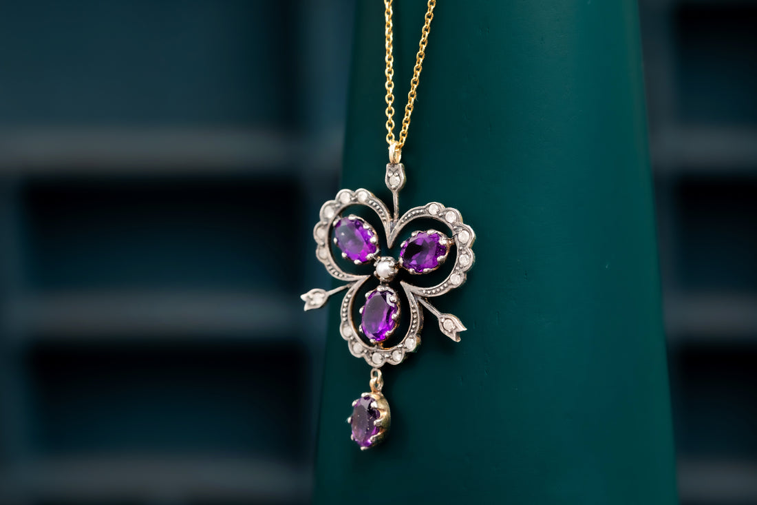 Silver Topped 9ct Yellow Gold Amethyst, Diamond and Pearl Pendant