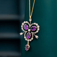 Silver Topped 9ct Yellow Gold Amethyst, Diamond and Pearl Pendant