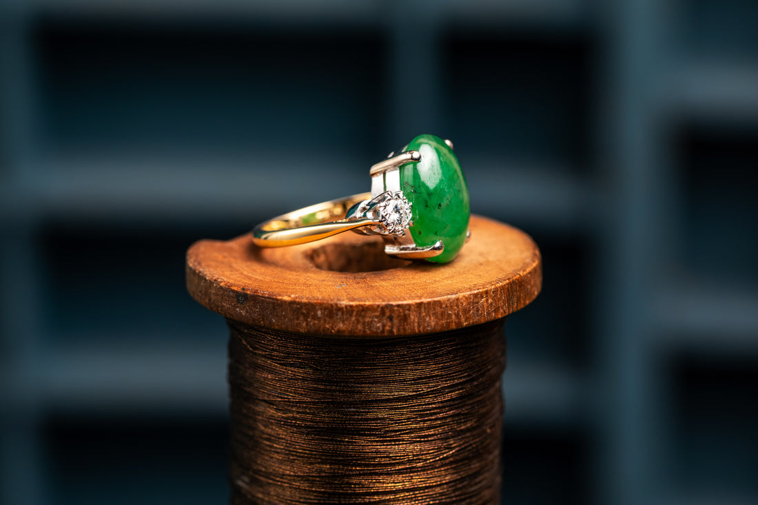 18ct Jade and 0.16ct Diamond Three stone ring