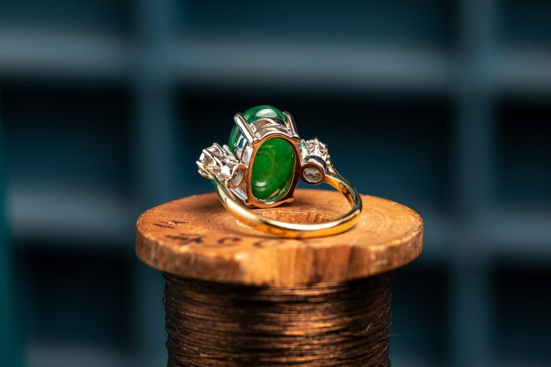 18ct Jade and 0.16ct Diamond Three stone ring