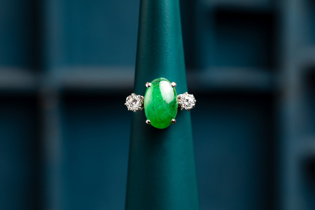 18ct Jade and 0.16ct Diamond Three stone ring