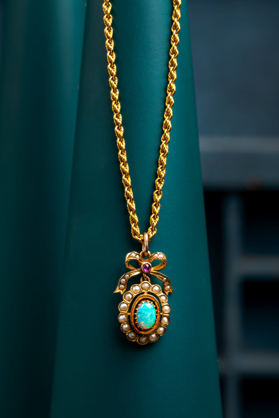 15ct and 9ct yellow gold Opal ruby and pearl necklace