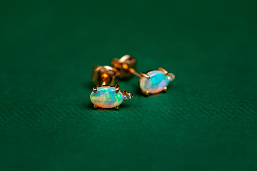 18ct yellow gold opal and diamond stud earrings