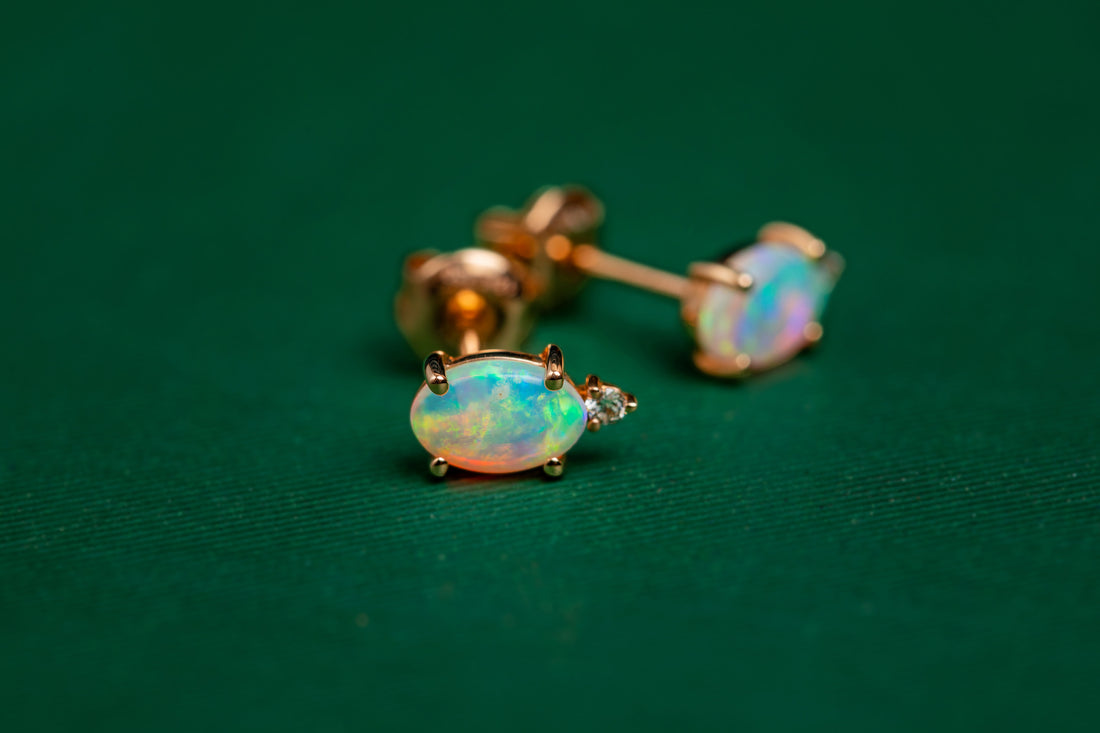18ct yellow gold opal and diamond stud earrings