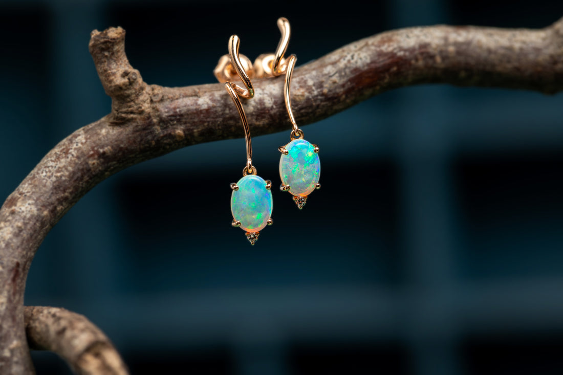 18ct Yellow Gold Opal and Diamond Drop Earrings