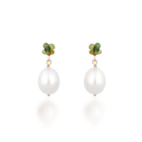 Eclosion no 4- 9ct Green Tourmaline Cluster and Pearl Drop Earrings
