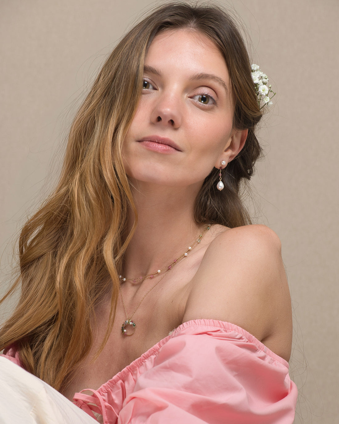 Lueur no 24-9ct Pink Tourmaline, Garnet and Pearl Drop Earrings