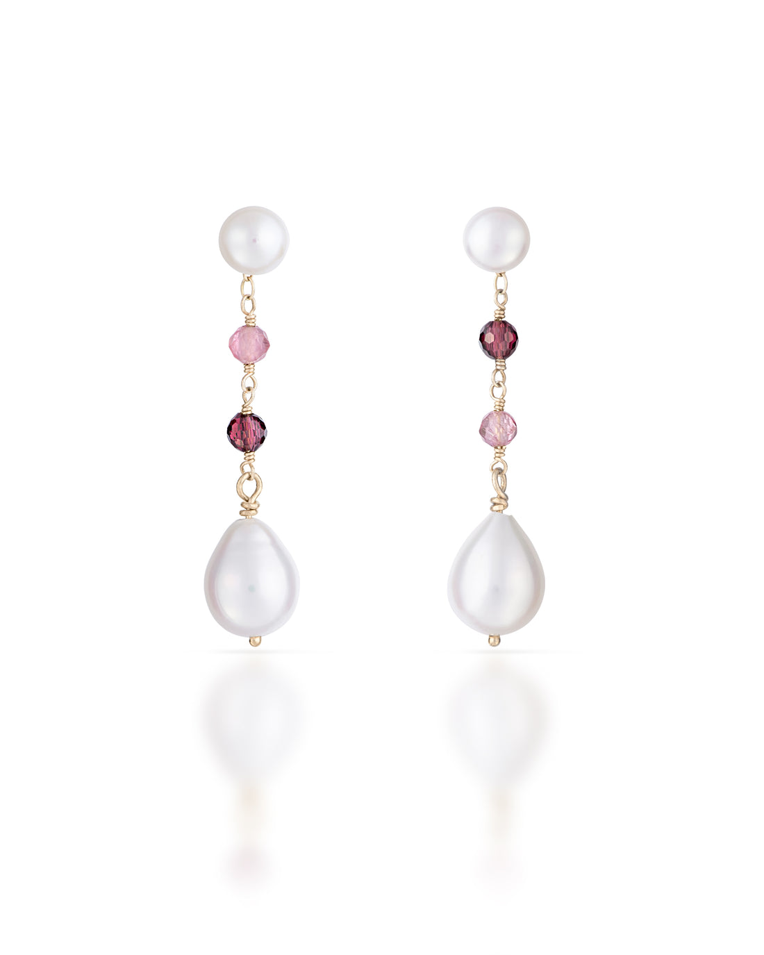 Lueur no 24-9ct Pink Tourmaline, Garnet and Pearl Drop Earrings