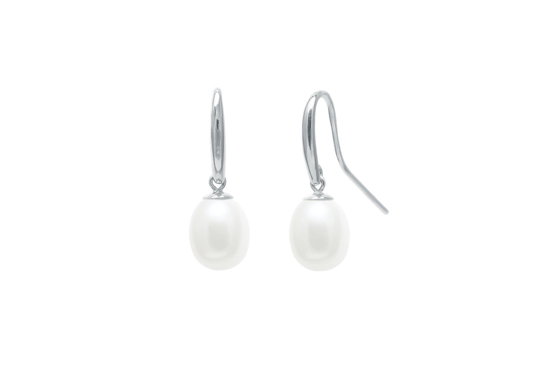 9ct White Gold 7.5-8mm Cultured Fresh Water Pearl Shepherds Hook Drop Earrings