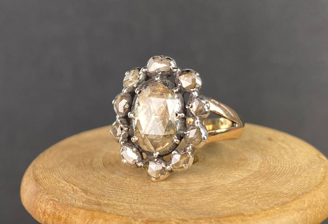 Georgian Rose Cut Diamond Silver topped 15ct cluster ring